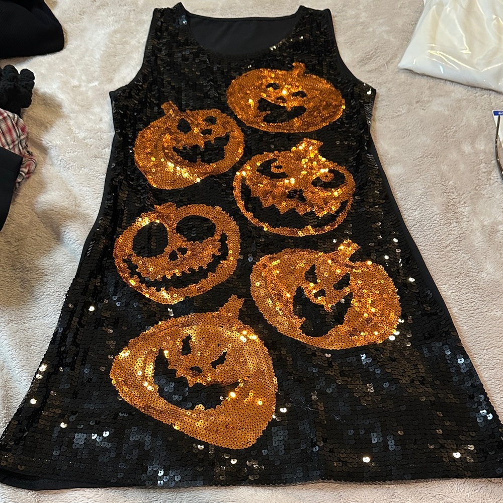 Adult Pumpkin Sequin Costume Dress - Black and Orange.